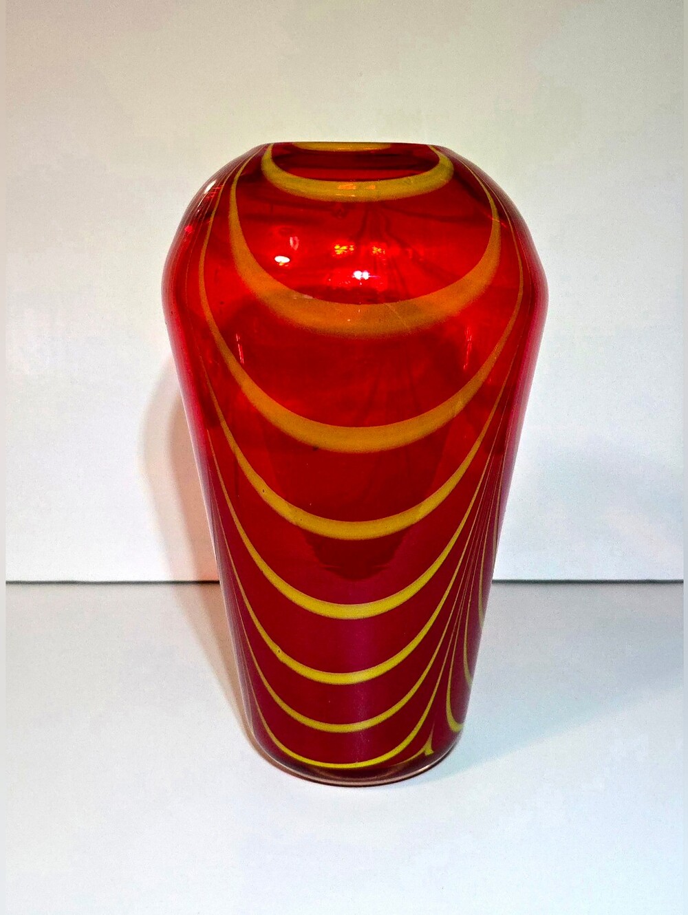 Hand Blown Red Yellow Swirl Art Glass Vase 9.25" Colorful Home Decor